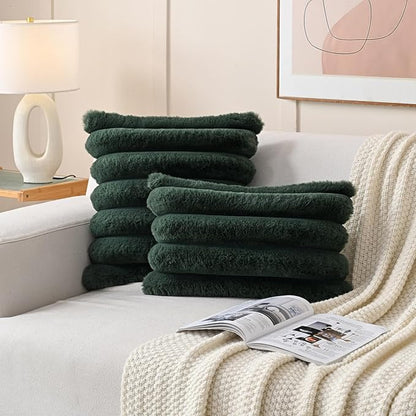 FUTEI Christmas Dark Green Decorative Throw Pillow Covers 22x22 Inch Set of 2, Square Soft Faux Rabbit Fur Thick Striped Cushion Cover,Winter Home Decor for Couch Bed Living Room
