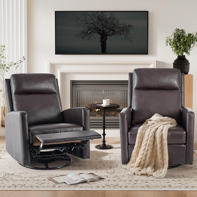 COLAMY Recliner Chair Set of 2, PU Leather 360° Swivel Rocker Recliner, Nursery Glider Recliner with Ergonomic High Backrest and Upholstered Deep Seat for Living Room, Bedroom, Color Chocolate