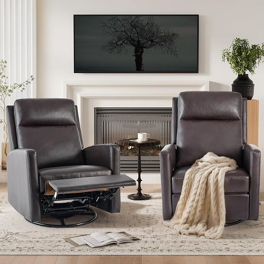 COLAMY Recliner Chair Set of 2, PU Leather 360° Swivel Rocker Recliner, Nursery Glider Recliner with Ergonomic High Backrest and Upholstered Deep Seat for Living Room, Bedroom, Color Chocolate