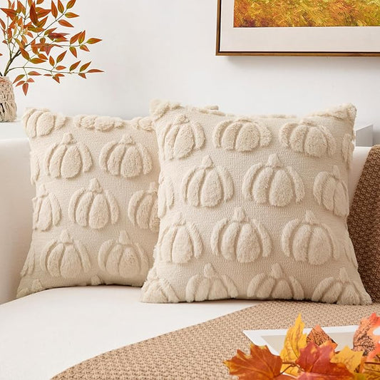 Kevin Textile Fall Pillow Covers 20x20 Inch Set of 2 Soft Pumpkins Decorative Square Pillowcases Plush Autumn Faux Fur Cushions Harvest Gift for Couch Sofa Chair Bedroom Home Decor, Beige