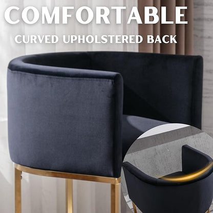 Contemporary Black Velvet Bar Stools Set of 4, 24" Upholstered Fabric Counter Height Barstools Kitchen Counter Island Stools with Screwed Together Golden Metal Base