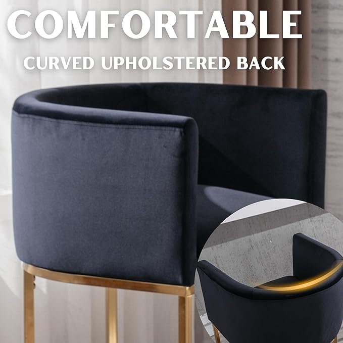 Black Velvet Bar Stools Set of 2, 24" Contemporary Upholstered Fabric Counter Height Barstools Kitchen Counter Island Stools with Golden Metal Base