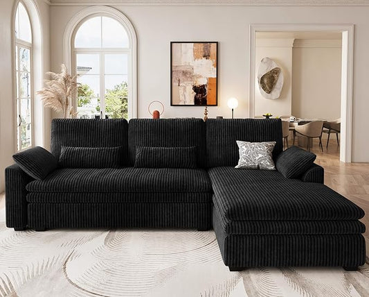 Belffin Large Modular Sectional Sofa with Deep Chaise, 104" Corduroy L Shaped Couch with 9" Soft Dual-Layer Seats Cushion for Living Room, Apartment, Black