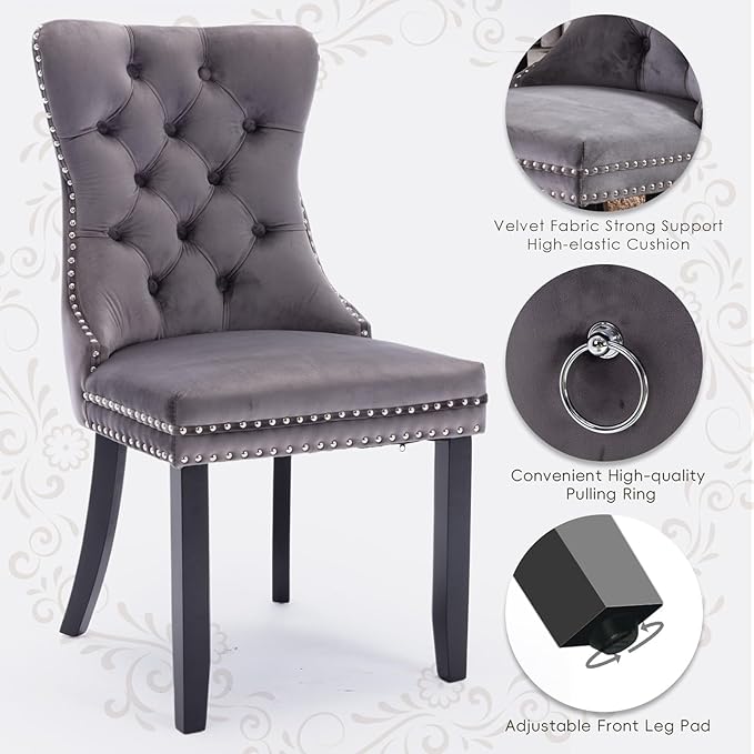 Velvet Upholstered Dining Chairs Set of 4, Modern Style Kitchen Side Chairs with Nailhead Trim and Wood Legs,Metal Pulling Ring for Dining Room Living Room(Grey,Set of 4)