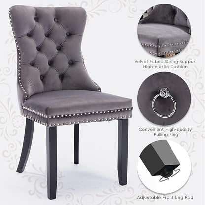 Velvet Upholstered Dining Chairs Set of 8, Modern Style Kitchen Side Chairs with Nailhead Trim and Wood Legs,Metal Pulling Ring for Dining Room Living Room(Grey)
