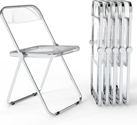Real Relax Acrylic Folding Chairs,Foldable & Stackable Clear Chairs with Metal Chrome Frame, Indoor and Outdoor, for Home, Office, Party & Events,Set of 6,350LB,Transparent