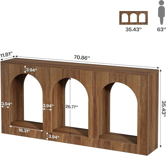 Tribesigns 70.9" Console Table with Storage, Wood Entryway Entry Table with 3 Arched Shelves for Foyer, Hallway, Living Room, Behind Couch Sofa, Narrow Long, Brown