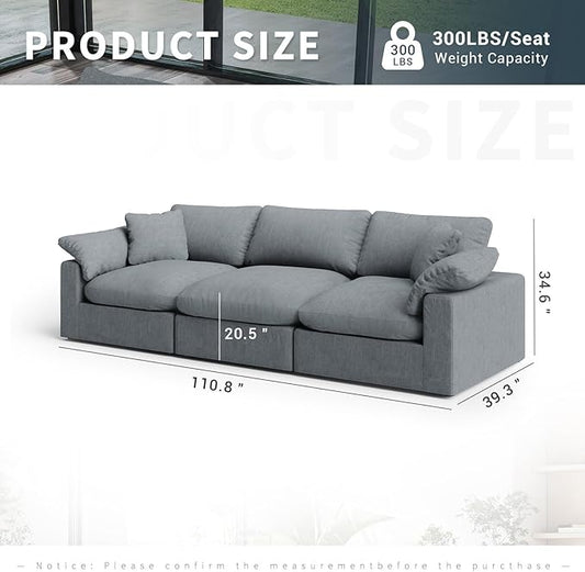 Modular Sectional Sofa Cloud Couch,Down Filled Comfy Cloud Modern Sofa,3 Seater Oversized Couch Cushion Covers Removable for Living Room,Light Blue