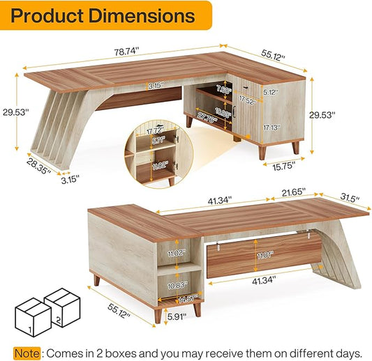 Tribesigns 78" Large L-Shaped Executive Desk, Modern Office Desk with Lateral File Cabinet and Drawer, Home Business Computer Workstation Set with Storage Shelves, Walnut & Oak