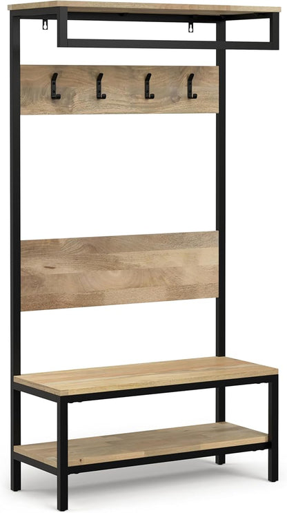 SIMPLIHOME Westmont Hall Tree Bench - 40 inch Wide Solid Mango Wood Entryway Seat in Natural, Industrial Bench for Entryway or Hallway with Metal Frame, Coat Hooks and Open Shelf