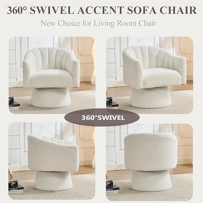 Swivel Accent Chair,Upholstered Teddy 360° Swivel Barrel Chair for Living Room Overstuffed Bouncle Reading Chair Round Armchair for Bedroom,Vanity,Office-White