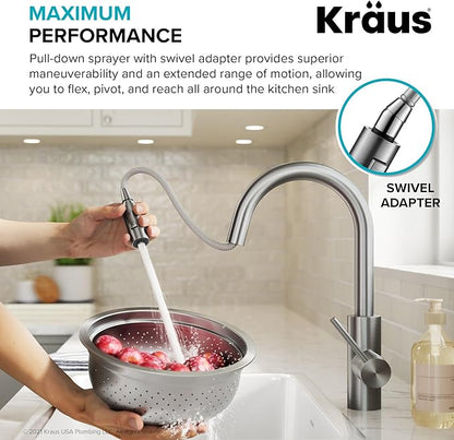 KRAUS Oletto Single Handle Pull Down Kitchen Faucet with QuickDock Top Mount Installation Assembly in Spot-Free Brushed Brass, KPF-2620BB