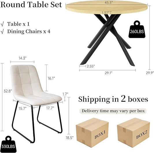 45.3 Inch Round Dining Table Set for 4, Mid Century Modern Small Coffee Set for Dining Room Kitchen Apartment (Cream Table + 4 U-Shaped White Chairs)