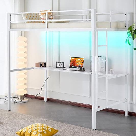 Karl home Twin Metal Loft Bed with Desk, with Power Outlet and LED Lighted, Safety Guardrail & Ladder, Space Saving, No Noise, No Box Spring Needed, White