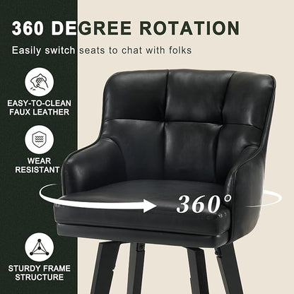 360°Swivel Counter Height Bar Stools with Back, 26 inch Solid Wood Legs, Bar Stool Modern Kitchen Island Chairs, Faux Leather (Black- Faux Leather, 26" H- Set of 6)
