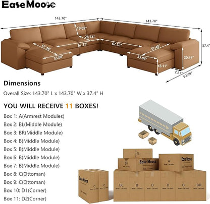 EASE MOOSE Oversized U Shaped Couch,Modular Sectional Convertible Sofa with Wide Deep,Extra Large Faux Leather Scratch Resistant Modern Couch for Big Spaces,Brown