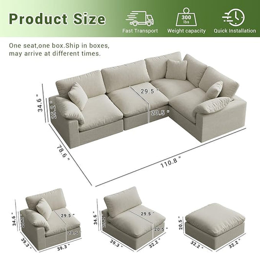 Cloud Modular Sectional Sofa,189.4" Down Filled Sofa 4 Seat with Chaise,Minimalist Sofa Cover Washable and Replaceable Couches for Living Room,Sectional Sofa Deep Seat