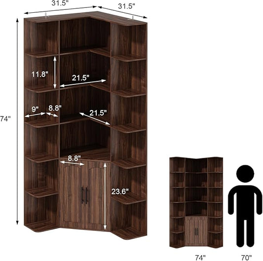 74" Tall Corner Bookshelf with 2 Arched Doors, 6-Tire L Shaped Bookcase with 16 Open Storage Shelves, Rustic Large Corner Shelf with Cabinet for Living Room, Home Office