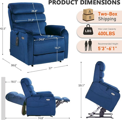 EONIX Wide Lay Flat Power Lift Recliner Chair for Elderly, Heavy Duty Oversized Fabric Lift Chairs Recliner Sofa with Heat and Massage and Charging Ports, Chenille Blue
