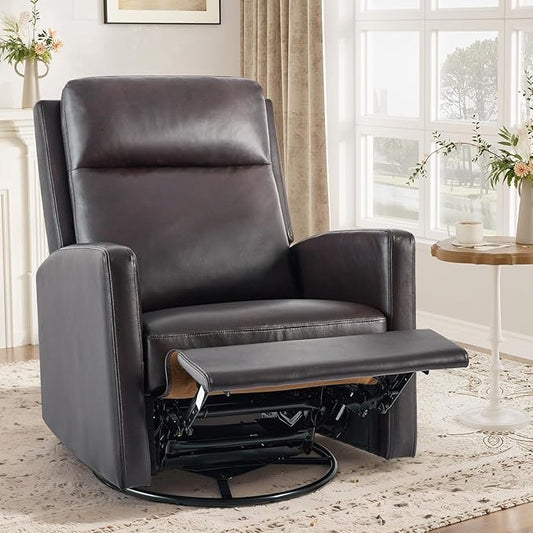 Swivel Rocking Recliner,Wide PU Leather Glider Sofa Chair with Ergonomic High Backrest for Bedroom,Living Room（Chocolate Brown）