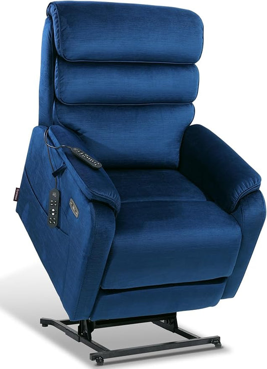 EONIX Dual Motor Lay Flat Power Lift Recliner Chair for Elderly, Chenille Fabric Electric Lift Chairs for Adults, 400lbs Heavy Duty Power Recliner with Heat Massage Charging Ports, Chenille Blue