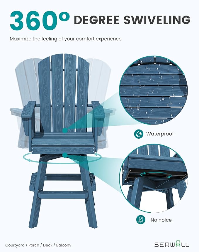 SERWALL Swivel Adirondack Bar Chairs Set of 4, HDPE Outdoor Swivel Barstools Chairs Set of 4 for Bistro, Poolside, Garden, Blue