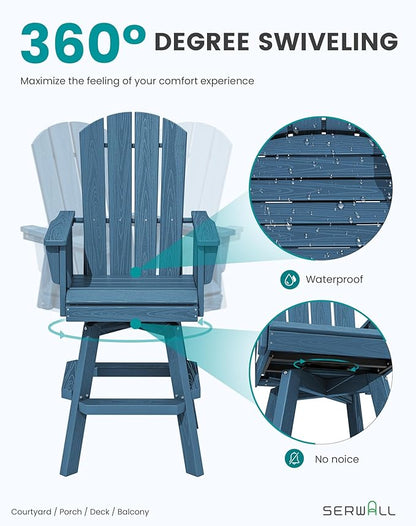 SERWALL Swivel Adirondack Bar Chairs Set of 2, HDPE Outdoor Swivel Barstools Chairs Set of 2 for Bistro, Poolside, Garden, Blue