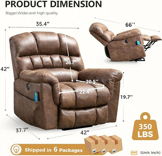 Large Power Lift Recliner Set of 2 with Massage and Heat for Elderly, Faux Leather Electric Lifting Recliners with USB Port, Oversized Reclining Sofa Chair for Living Room, Brown