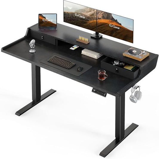 ErGear Electric Standing Desk with Drawers, 55″ x 28″ Gaming Table Compatible Monitor Stand, Stand up Desks, Home Office Height-Adjustable Desk with Storage Shelf, 4 Preset Heights, Black