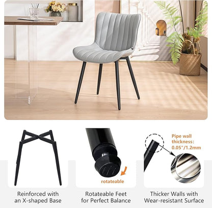 YOUNUOKE Mid-Century Modern Dining Chairs Set of 2, Grey PU Leather Upholstered Kitchen Chairs with Black Metal Legs, Armless Accent Chair for Dining Room, Guest Reception Room
