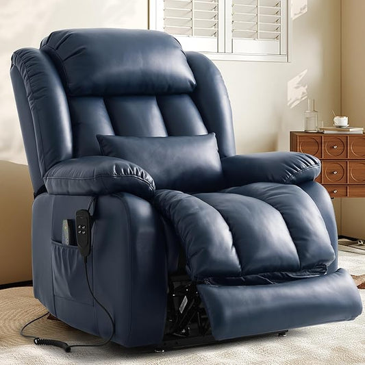 EDILLY Extra Large Power Lift Recliner Chairs for Elderly,Infinite Position Lay Flat Dual Motor Recliners Chair,with Heating and Massage, Breathable Leather,USB Ports and Remote Control(Blue)