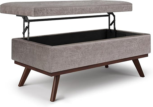 SIMPLIHOME Owen 42 inch Wide Mid Century Modern Rectangle Lift Top Large Coffee Table Storage Ottoman in Distressed Grey Vegan Faux Leather, Assembled, for the Living Room, Entryway and Family Room