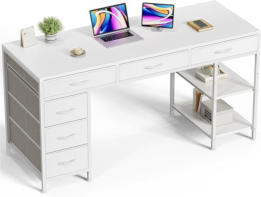 Huuger Computer Desk with 6 Drawers, 54 Inch Office Desk with Shelves, Reversible Gaming Desk, Corner Desk with Storage, Work Desk for Home Office, Study, Living Room, White