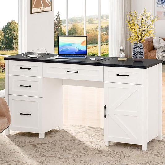 Vabches Farmhouse 61'' Executive Desk with 5 Drawers, Rustic Office Desk Computer Table with Charging Station, File Drawers and Storage Cabinet, Wood Workstation for Study and Home Office, Black