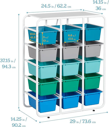 ECR4Kids 5-Tier Storage Rack with 15 Cubby Bins 5x3, Multipurpose Organization, Contemporary