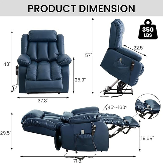 TEKAMON Power Lift Recliner Chair for Elderly with Heat & Massage, Dual Motor Genuine Leather Recliner, Lay Flat Sleeping Chairs with Infinite Position, RemoteControl(Deep Blue, Extended)