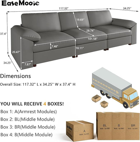 EASE MOOSE 3 Seater Deep Seat Sectional Sofa, Scratch Resistant Faux Leather Material, Oversized Modular Couch for Living Room,Modern Comfy Sofas for Small Spaces,Grey