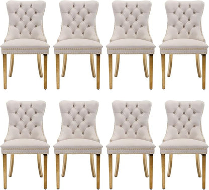 Velvet Upholstered Dining Chairs Set of 8, Modern Style Kitchen Side Chairs with Nailhead Trim and Gold Plated Leg, Metal Pulling Ring for Dining Room Living Room(Beige)