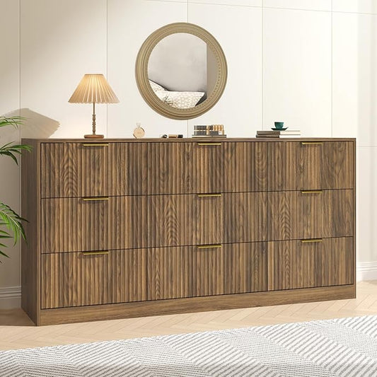 Fluted Wood Dresser for Bedroom,63” Wide 9 Drawer Dresser Mid Century Chest of Drawers Wooden with Gold Handles,Dressers TV Stand Storage Organizer for Closet,Bedroom,Living Room, Walnut