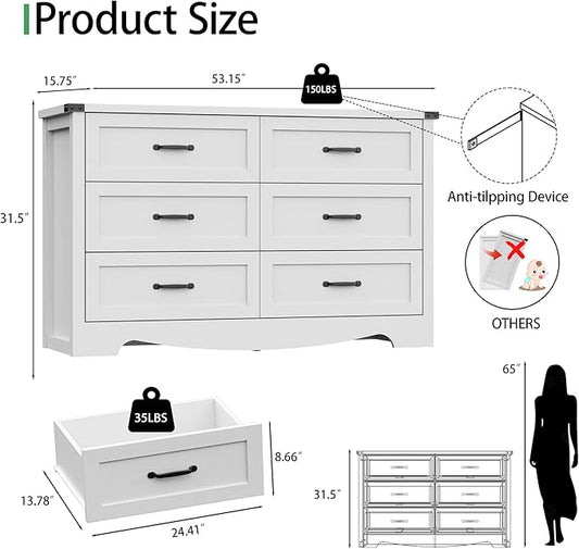 Dresser for Bedroom with 6 Drawers, 54" Wide Wood Chest of Drawers with Deep Drawers & Mental Handle, Modern Dresser TV Stand, Wooden Closet Storage Organizer for Living Room, Hallway, Entryway, White