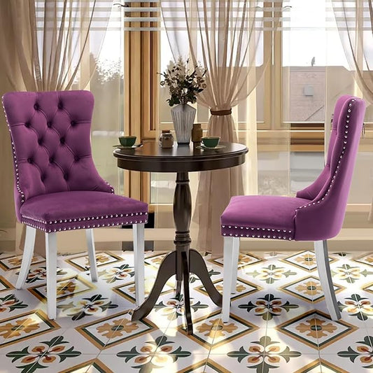 Velvet Upholstered Dining Chairs Set of 2, Modern Kitchen Side Chairs with Nailhead Trim and Silver Plated Leg, Metal Pulling Ring for Dining Room Living Room(Purple-Silver Plated Leg)