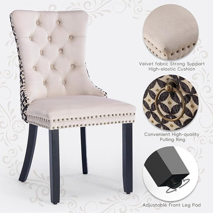 Velvet Upholstered Dining Chairs Set of 4, Modern Style Kitchen Side Chairs with Nailhead Trim and Wood Legs,Metal Pulling Ring for Dining Room Living Room(Quadrangular Star&Beige)