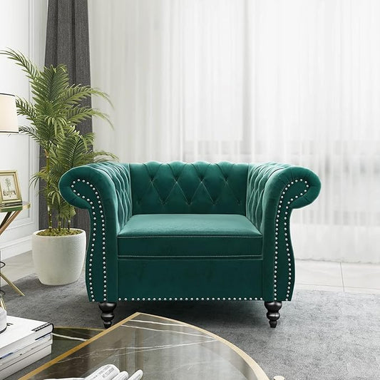 Living Room Chair, Modern Velvet Chesterfield Sofa Chair, Mid Century Single Sofa Couch Chair with Tufted Back and Rolled Arms, Accent Sofa Chair for Living Room Apartment, Green