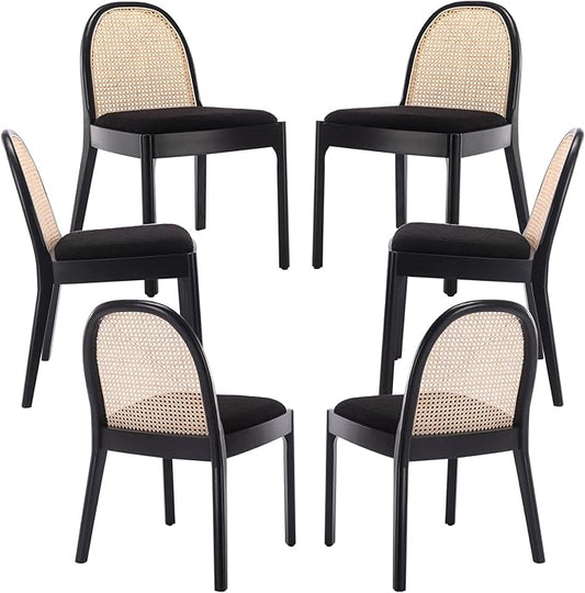 Rattan Dining Chairs Set of 6, Modern Dining Room Chairs with Cane Back Comfy Accent Sherpa Chair Upholstered Boucle Chair for Kitchen/Restaurant/Living Room, Black