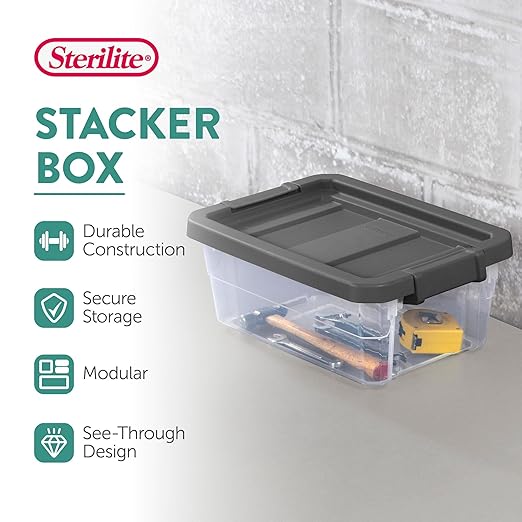 Sterilite 18-Pack Modular Stacker Box, Durable Clear Plastic Storage Bins with Latching Lids, 16 Quart - Stackable Organizing Container Boxes for Closet, Bathroom, and Office