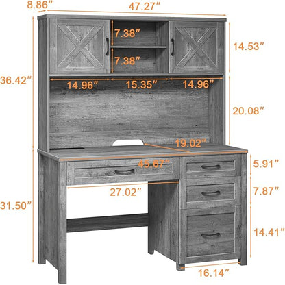 Farmhouse 67" H Executive Desk with Hutch,Office Desk with 4 Drawers and LED light, Wood Workstation for Home Office and Study, Computer Desk with Storage Cabinet,File Drawers, Charging Station.Gray