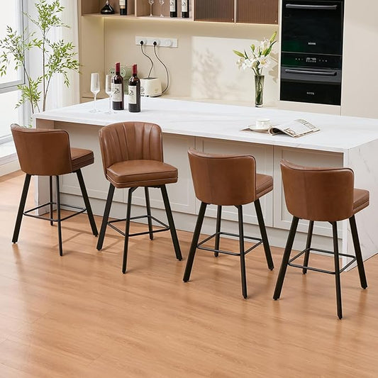 Swivel Counter Height Bar Stools Set of 4, 30'' Modern Barstools with Backs and Metal Legs, Upholstered Bar Chairs, Faux Leather Dark Brown Stools for Kitchen Island Chairs