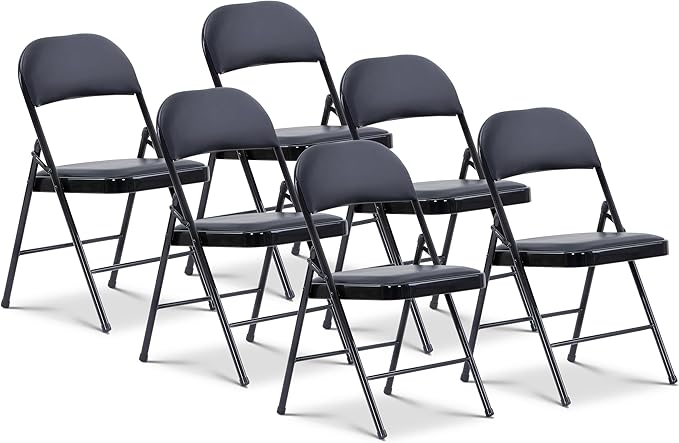 Oline Vinyl Folding Chairs, Padded Vinyl Cushion Chairs with Durable Metal Frame, Indoor Outdoor Stackable Foldable Guest Chairs for Office Wedding Kitchen Dining, 300lb Capacity (Black, 6 Pack)