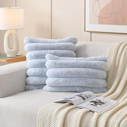FUTEI Light Blue Decorative Throw Pillow Covers 22x22 Inch Set of 2, Square Soft Faux Rabbit Fur Thick Striped Cushion Cover,Winter Home Decor for Couch Bed Living Room