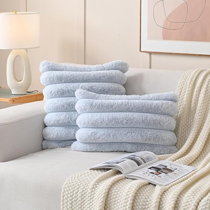 FUTEI Light Blue Decorative Throw Pillow Covers 20x20 Inch Set of 2, Square Soft Faux Rabbit Fur Thick Striped Cushion Cover,Winter Home Decor for Couch Bed Living Room